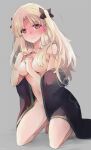  1girl azumi_(myameco) black_cape black_ribbon blonde_hair blush breasts cape commentary ereshkigal_(fate) fate/grand_order fate_(series) flying_sweatdrops grey_background hair_over_breasts hair_ribbon kneeling long_hair looking_at_viewer medium_breasts naked_cape red_eyes ribbon simple_background solo symbol-only_commentary wide-eyed 