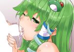  1boy 1girl bangs blank_censor blush brown_background censored commentary_request cum cum_in_mouth dated fellatio frog_hair_ornament green_eyes green_hair hair_between_eyes hair_ornament half-closed_eyes kei_jiei kochiya_sanae long_hair one_eye_closed open_mouth oral penis saliva single_hair_tube snake_hair_ornament solo_focus sweat touhou upper_body 