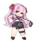  1girl belt black_belt black_footwear black_shorts blush chibi full_body goddess_of_victory:_nikke hair_ribbon highres holding holding_whip long_hair long_sleeves looking_at_viewer mole mole_under_mouth mota open_mouth pink_hair purple_eyes red_ribbon ribbon shirt shoes short_shorts shorts simple_background solo standing teeth thigh_strap two_side_up upper_teeth_only very_long_hair whip white_background white_shirt yuni_(nikke) 