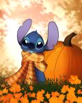  2022 absurd_res alien ambiguous_gender anthro autumn autumn_leaves biped blue_body blue_eyes blue_fur digital_drawing_(artwork) digital_media_(artwork) disney experiment_(lilo_and_stitch) food fruit fur head_tuft hi_res leaf leaves_on_ground lilo_and_stitch long_scarf male_(lore) mostly_nude notched_ear plant pumpkin ryuko_rose scarf scarf_only smile solo standing stitch_(lilo_and_stitch) tuft 