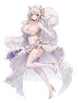  1girl animal_ears bangs bare_shoulders blue_choker blush breasts choker cleavage closed_mouth dress elbow_gloves flower full_body garter_straps gloves hair_flower hair_ornament high_heels highres holding large_breasts looking_at_viewer original shiro_albino simple_background smile solo tail thighhighs white_background white_dress white_footwear white_gloves white_hair white_thighhighs yellow_eyes 