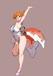  1girl 9is absurdres blue_eyes breasts cleavage commentary_request cosplay fish_tail goldeen goldeen_(cosplay) grey_background highres large_breasts leotard misty_(pokemon) orange_hair pokemon pokemon_(anime) pokemon_(classic_anime) short_hair side_ponytail simple_background solo spiked_hair strapless strapless_leotard tail white_footwear white_leotard 