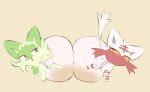  2022 big_diaper bodily_fluids diaper duo female feral fur generation_7_pokemon generation_9_pokemon genital_fluids green_background green_body green_fur hi_res labbit1337 litten nintendo pokemon pokemon_(species) red_body red_fur shiny_pokemon simple_background sprigatito urine wet_diaper wetting white_body white_fur 