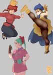  3girls alena_(dq4) bangs blue_cape blue_headwear bow braid breasts brown_gloves bulma cape chinese_clothes commentary_request crossover dragon_ball dragon_ball_(classic) dragon_quest dragon_quest_iv dragon_radar dress gloves green_hair grin hair_bow hand_on_hip hat kettle kicking large_breasts light_brown_hair medium_breasts motion_lines multiple_crossover multiple_girls neone on_head outstretched_arms pantyhose pink_dress pouch ranma-chan ranma_1/2 red_bow red_eyes red_hair short_dress signature single_braid single_glove smile yellow_dress 