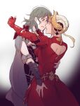  2girls armor back_cutout bangs breasts byleth_(female)_(fire_emblem) byleth_(fire_emblem) cape clothing_cutout cowboy_shot draw_raya dress edelgard_von_hresvelg fake_horns fire_emblem fire_emblem:_three_houses green_hair grey_cape hand_on_another&#039;s_back hand_on_another&#039;s_hip horns light_blush long_hair looking_at_another medium_breasts multiple_girls open_mouth parted_lips red_dress white_hair yuri 