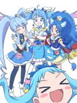  &gt;_&lt; 4girls animal_ears blue_choker blue_eyes blue_gloves blue_hair blue_skirt brooch bubble_skirt cape choker crown cure_gelato cure_marine cure_princess cure_sky detached_sleeves food gloves hair_ornament happinesscharge_precure! heart heart_brooch heart_hair_ornament heartcatch_precure! highres hirogaru_sky!_precure ice_cream jewelry kirakira_precure_a_la_mode kurumi_erika lion lion_ears lion_tail long_hair magical_girl mihikure06 mini_crown multiple_girls open_mouth pleated_skirt precure puffy_detached_sleeves puffy_sleeves shirayuki_hime shirt simple_background skirt sleeveless sleeveless_shirt smile sora_harewataru tail tategami_aoi twintails two-sided_cape two-sided_fabric very_long_hair vest white_background wing_hair_ornament 