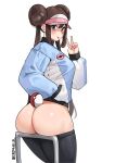  1girl absurdres alternate_costume ass ass_support bangs black_pants blue_eyes blue_jacket blush brown_hair clothes_pull commentary_request cromwellb double_bun doughnut_hair_bun hair_bun hand_in_pocket hand_up highres jacket long_hair long_sleeves pants pants_pull poke_ball poke_ball_(basic) pokemon pokemon_(game) pokemon_bw2 rosa_(pokemon) simple_background solo tongue tongue_out twintails v white_background 