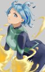  absurdres blue_bodysuit blue_eyes blue_hair bodysuit boku_no_hero_academia commentary_request drill_hair energy fengling_(furin-jp) green_bodysuit hadou_nejire highres looking_at_viewer official_alternate_hairstyle parted_lips short_hair superhero twin_drills 