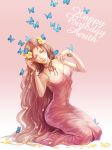  1girl aerith_gainsborough bangle bangs bare_shoulders barefoot blue_butterfly bracelet breasts brown_hair bug butterfly character_name choker cleavage closed_eyes dress falling_petals final_fantasy final_fantasy_vii flower gradient_background hair_flower hair_ornament happy_birthday highres jewelry kneeling long_dress long_hair medium_breasts parted_bangs petals pink_background pink_dress ribbon_choker sidelocks sleeveless sleeveless_dress smile solo tetra_takamine wavy_hair yellow_flower 