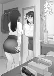 1girl adjusting_hair bra breasts commentary_request curtains dildo greyscale large_breasts looking_at_mirror lube miniskirt mirror monochrome neone original pencil_skirt see-through see-through_shirt sex_toy signature skirt solo tissue_box underwear window 