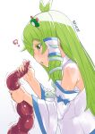  1girl ? antenna_hair armpit_crease bangs blush breasts collared_shirt commentary_request dated detached_sleeves frog_hair_ornament from_side green_eyes green_hair hair_between_eyes hair_ornament kei_jiei kochiya_sanae large_breasts long_hair open_mouth profile shirt single_hair_tube sleeveless sleeveless_shirt slime_(substance) snake_hair_ornament solo tentacle_grab touhou upper_body white_shirt white_sleeves 