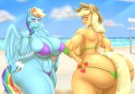  anthro anthrofied applejack_(mlp) ball beach beckoning bedroom_eyes big_breasts big_butt bikini blonde_hair blues64 blush breasts butt clothed clothing cowboy_hat cutie_mark day duo earth_pony equid equine eyebrow_through_hair eyebrows female friendship_is_magic gesture green_eyes hair hand_on_hip hasbro hat headgear headwear hi_res horse huge_breasts huge_butt inviting long_hair looking_at_viewer looking_back mammal marauder6272 multicolored_hair multicolored_tail my_little_pony narrowed_eyes outside pegasus pony purple_eyes rainbow_dash_(mlp) rainbow_hair rainbow_tail seaside seductive smile standing swimwear tail thick_thighs translucent translucent_hair volleyball_(ball) water wide_hips wings 