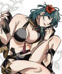  1girl bangs bare_shoulders bikini black_bikini black_footwear breasts byleth_(female)_(fire_emblem) byleth_(fire_emblem) cleavage feet_out_of_frame fire_emblem fire_emblem:_three_houses flower gold_necklace green_eyes green_hair hair_flower hair_ornament hibiscus highres jewelry large_breasts looking_at_viewer medium_hair messy_hair midriff mikuroron necklace parted_lips red_flower sitting solo swimsuit tassel white_background 
