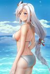  1girl ass bare_arms bare_shoulders bikini blue_eyes blue_sky breasts cloud commentary_request cowboy_shot day dealesis eyeshadow genshin_impact hair_ornament highres large_breasts long_hair looking_at_viewer makeup ocean parted_lips shenhe_(genshin_impact) sky solo standing swimsuit thighs very_long_hair water white_bikini white_hair 