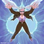  1girl absurdres aegis_reflector alternate_hair_color arms_up belt bespectacled blue_eyes breasts cleavage commentary cosplay electricity energy_ball english_commentary fang forehead_jewel formal full_body glasses grey_hair grey_suit highres large_breasts long_hair motion_blur pants pinstripe_jacket pinstripe_pants pinstripe_pattern pinstripe_suit plunging_neckline pointy_footwear purple_shirt quasimodox rainbow_mika shirt solo street_fighter street_fighter_v striped suit twintails urien urien_(cosplay) very_long_hair 