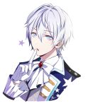  1boy blue_eyes bow finger_to_mouth gloves idol_clothes long_sleeves looking_at_viewer male_focus murashige-lu profile short_hair shushing solo star_revolution tsurugi_mio white_background white_bow white_gloves white_hair 