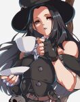  1other absurdres androgynous ascot asymmetrical_gloves bare_shoulders black_gloves black_hair black_headwear cup fingerless_gloves gloves gokuu_(acoloredpencil) guilty_gear guilty_gear_strive hat highres holding holding_cup long_hair looking_at_viewer looking_to_the_side orange_eyes other_focus saucer scythe teacup testament_(guilty_gear) top_hat white_ascot white_gloves 