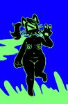  anthro belly black_body felid feline female floating gas gas_mask gesture hair mammal markings mask mevka_(artist) nude ponytail slightly_chubby solo toxic v_sign whiskers 