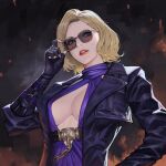  1girl adjusting_eyewear belt belt_buckle black_gloves black_jacket blonde_hair blue_eyes breasts buckle center_opening chain cleavage dress fingerless_gloves gloves halter_dress halterneck highres jacket large_breasts leather leather_jacket lipstick makeup nina_williams no_bra phamoz purple_dress red_lips short_hair solo sunglasses tekken tekken_8 upper_body 