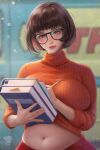  1girl artist_name bangs belly black-framed_eyewear blunt_bangs blunt_ends blurry blurry_background book breasts brown_eyes brown_hair clothes_lift glasses highres holding holding_book holding_pencil large_breasts left-handed looking_at_viewer midriff navel orange_sweater patreon_username pencil pleated_skirt plump prywinko ribbed_sweater scooby-doo short_hair skirt solo stomach sweater sweater_lift turtleneck turtleneck_sweater upper_body velma_dace_dinkley 