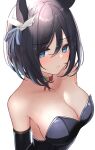  1girl arm_up black_hair blue_eyes blush breasts collarbone commentary_request detached_sleeves eishin_flash_(umamusume) hair_ornament highres horse_girl looking_at_viewer medium_breasts medium_hair playboy_bunny portrait simple_background solo takmi umamusume white_background 