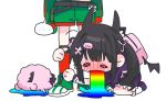  2girls backpack bag bangs black_hair blush chibi creature demon_horns denonbu dress green_footwear green_shorts hair_ornament hands_on_another&#039;s_leg horns long_hair multiple_girls ogami_matoi open_mouth pomemori purple_dress red_socks reml seal_007 shorts simple_background socks standing twintails vomiting_rainbows white_background winged_bag wings 