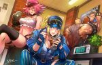  1boy 2girls abigail_(final_fight) alarm_clock armband baseball_cap black_collar black_thighhighs blonde_hair blue_eyes blue_jacket blue_shorts blue_thighhighs breasts cleavage clock coffee_mug collar commentary_request covered_nipples crop_top cropped_jacket crying crying_with_eyes_open cup cutoffs eating elbow_gloves fingerless_gloves fork gloves hat highres holding holding_fork instant_ramen jacket kujou_non lucia_morgan luke_sullivan medium_breasts mohawk mug multiple_girls muscular muscular_male no_bra peaked_cap pink_hair poison_(final_fight) police police_uniform policewoman poster_(object) short_hair shorts single_elbow_glove single_strap single_thighhigh sitting spiked_hair squatting street_fighter street_fighter_6 street_fighter_v striped striped_thighhighs tearing_up tears thighhighs torn_clothes uniform updo vertical-striped_thighhighs vertical_stripes 