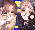  2boys axis_powers_hetalia black_gloves blue_shirt blush breast_pocket brown_eyes brown_hair brown_shirt gloves grin hand_gesture highres kkyonsrm military military_uniform multiple_boys nose_blush pocket prussia_(hetalia) purple_eyes sharp_teeth shirt smile southern_italy_(hetalia) teeth uniform white_hair 