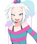  1girl artist_name blue_eyes blue_sweater blush bra_strap breasts collarbone commission freckles hair_bobbles hair_ornament highres long_sleeves looking_at_viewer milka_(milk4ppl) off-shoulder_sweater off_shoulder open_mouth pokemon pokemon_(game) pokemon_bw2 purple_sweater roxie_(pokemon) short_hair small_breasts smile solo striped striped_sweater sweater teeth tongue tongue_out upper_body white_hair 