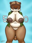  anthro anthrofied areola belly big_breasts big_nipples blue_eyes breasts brown_body brown_fur clothed clothing crossgender digital_media_(artwork) dreamworks female fur genitals hi_res looking_at_viewer mammal mature_anthro mature_female mostly_nude nipples nude over_the_hedge oystercatcher7 procyonid pussy raccoon rj_(over_the_hedge) simple_background slightly_chubby smile solo stretch_marks text thick_thighs white_body white_fur 
