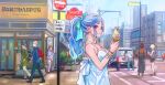  blue_dress blue_hair bracelet breasts cleavage commentary_request crowd day dress hair_ribbon ice_cream_cone jewelry kujou_non medium_breasts necklace original pink_eyes ribbon solo_focus spaghetti_strap summer sundress twintails walking 