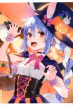  1girl absurdres bangs basket blue_hair fingernails halloween_costume hands_up highres holding hololive looking_at_viewer multicolored_hair open_mouth orange_hair scan simple_background solo two-tone_hair usada_pekora virtual_youtuber white_hair wrist_cuffs yuuki_hagure 