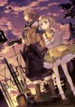  1boy 1girl atelier_(series) atelier_escha_&amp;_logy awin_sidelet black_pants blonde_hair blue_shirt boots brown_gloves brown_hair brown_vest cloud collared_shirt detached_sleeves dress evening gloves goggles goggles_around_neck hat highres holding holding_paper karasumi_(aiseec) lucille_ernella open_mouth outdoors pants paper puffy_pants shirt shoes short_hair sky smile socks vest white_socks yellow_dress yellow_eyes 