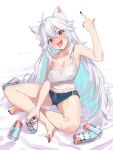  1girl animal_ear_fluff animal_ears antenna_hair aqua_hair artist_name bangs barefoot bikini bikini_top_only black_eyes black_nails blue_bikini blue_shorts breasts camisole can colored_inner_hair dolphin_shorts fangs full_body hand_up highres indian_style long_hair looking_at_viewer medium_breasts middle_finger multicolored_hair open_mouth saijo-m see-through shorts sitting solo spaghetti_strap strap_slip striped striped_bikini swimsuit tongue tongue_out vei_(vtuber) virtual_youtuber vshojo white_camisole white_hair 