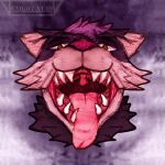  absurd_res anthro bared_teeth detailed_background detailed_mouth domestic_cat felid feline felis fur hair headshot_portrait hi_res knight_nyan male mammal mouth_shot neck_tuft open_mouth pink_ears pink_mouth pink_nose pink_tongue portrait purple_body purple_fur purple_hair sharp_teeth solo tan_body tan_fur teeth tongue tuft uvula vapor_holloway watermark yellow_eyes 