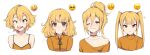  4girls ahoge anger_vein bandage_on_face bandages bare_shoulders blonde_hair blush choker collarbone collared_shirt cross-eyed emoji frown furrowed_brow hair_ornament hairclip high_ponytail highres long_hair milka_(milk4ppl) multiple_girls notice_lines off_shoulder one_eye_closed open_mouth original pleading_face_emoji ponytail shirt short_hair simple_background smile sweater tearing_up tears teeth tongue tongue_out turtleneck turtleneck_sweater twintails upper_body white_background yellow_eyes yellow_shirt 