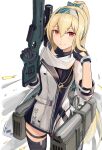  1girl bangs black_gloves black_thighhighs blonde_hair closed_mouth commentary english_commentary gamryous girls&#039;_frontline gloves gun hair_between_eyes hands_up highres holding holding_gun holding_weapon jacket long_hair long_sleeves looking_at_viewer name_connection object_namesake red_eyes simple_background smile smoke solo standing sv-98 sv-98_(girls&#039;_frontline) thighhighs very_long_hair weapon white_background white_jacket 