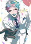  1boy absurdres aqua_hair border brown_gloves collared_shirt confetti formal gloves green_eyes green_lips highres jacket joe_rikiichi leaning_forward makeup male_focus multicolored_hair necktie nijisanji one_eye_closed pants pink_hair purple_necktie reaching_towards_viewer sazanamiryo shirt short_hair solo standing suit teardrop_facial_mark virtual_youtuber white_background white_jacket white_pants 