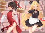  2girls :o ;d absurdres adapted_costume alternate_costume apron ass back_bow bamboo_steamer bangs baozi bare_shoulders belt black_dress black_footwear blonde_hair blurry blurry_background blush bow box braid breasts brown_eyes brown_hair bun_cover china_dress chinese_clothes closed_mouth commentary_request cup detached_sleeves double_bun dress eyelashes flat_chest floral_background floral_print flower food frills from_side grin hair_between_eyes hair_bow hair_bun hair_ornament hair_tubes hakurei_reimu hands_up highres holding holding_box holding_kettle holding_tray kanpa_(campagne_9) kettle kirisame_marisa leg_up long_hair long_sleeves looking_at_viewer mandarin_collar medium_breasts multiple_girls no_headwear one_eye_closed open_mouth pink_background ponytail puffy_short_sleeves puffy_sleeves red_belt red_bow red_dress red_flower round_window shoes short_hair short_ponytail short_sleeves side_slit sideboob single_braid sleeveless sleeveless_dress small_breasts smile standing standing_on_one_leg steam tea teeth tongue touhou tray v-shaped_eyebrows very_long_hair waves white_apron white_bow white_flower wide_sleeves window yellow_eyes yellow_flower yin_yang yin_yang_print 
