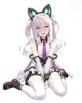  1girl animal_ears arms_between_legs azur_lane bangs bare_shoulders between_legs black_footwear black_skirt blue_eyes blush boots cat_ears commentary_request fake_animal_ears full_body garter_straps hammann_(azur_lane) hammann_ii_(azur_lane) hand_between_legs highres long_hair looking_at_viewer nakazawa_aki open_mouth pleated_skirt see-through see-through_sleeves shadow shirt simple_background sitting skirt sleeveless sleeveless_shirt solo thighhighs thighs two_side_up very_long_hair wariza white_background white_hair white_thighhighs 