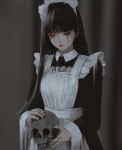  1girl aoi_ogata apron black_dress black_hair black_nails blood blood_from_eyes blurry blurry_background clip_studio_paint_(medium) closed_eyes closed_mouth collared_dress commentary depth_of_field dress english_commentary frilled_apron frills highres holding holding_skull long_hair long_sleeves maid maid_apron maid_headdress nail_polish original skull sleeves_past_wrists solo very_long_hair white_apron 