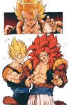  3boys absurdres anger_vein biceps black_wristband blue_sash body_fur brown_fur dougi dragon_ball dragon_ball_gt dual_persona earrings fusion fusion_dance gogeta halo highres jewelry metamoran_vest monkey_boy monkey_tail multiple_boys no_nipples potara_earrings relio_db318 sash super_saiyan super_saiyan_1 super_saiyan_4 tail vegetto veins veiny_hands 