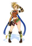  1girl belt blonde_hair boots crop_top delux_drawings elbow_gloves final_fantasy final_fantasy_x full_body gloves green_eyes highres knee_boots loose_belt navel rikku_(ff10) short_shorts shorts sleeveless smile solo standing stomach 