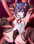  1girl alice_(mary_skelter) anal_tail animal_ears armpits arms_behind_head bangs black_hair blush breasts cameltoe cat_ears cleft_of_venus fake_tail gabriel_evangel gloves hair_between_eyes hair_ornament hairclip highres mary_skelter navel playboy_bunny sailor_collar short_hair small_breasts spread_legs tail tentacles thighhighs yellow_eyes 