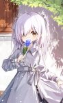  1girl blue_flower blue_rose bow ciela_(yuuhagi_(amaretto-no-natsu)) collared_dress covered_mouth dress flower hair_bow hair_over_one_eye holding long_hair long_sleeves looking_at_viewer original rose sleeves_past_wrists solo two_side_up white_bow white_dress white_hair yuuhagi_(amaretto-no-natsu) 