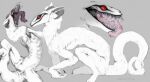  2022 ambiguous_gender black_claws black_lips claws curved_horn digitigrade fur grey_background grey_horn hi_res horn ishimaurell lips monster multiple_images pupils red_eyes signature simple_background slit_pupils solo synx tail teeth white_body white_fur white_skin 