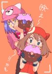  1boy 1girl bewear doughnut food happy highres james_(pokemon) macchiromomomo may_(pokemon) orange_background pokemon worried 