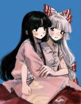  2girls black_eyes black_hair blue_background blush bow clenched_hand cowboy_shot fujiwara_no_mokou hair_bow highres hime_cut houraisan_kaguya hug hug_from_behind long_hair long_sleeves looking_at_another multiple_girls ofuda ofuda_on_clothes pants parted_lips pink_shirt red_bow red_eyes red_pants red_skirt shirt simple_background skirt subaru_(user_tmwv7722) suspenders sweat touhou two-tone_bow very_long_hair white_bow white_hair white_shirt wide_sleeves 