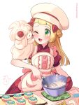  1girl ;d alcremie alcremie_(strawberry_sweet) apron baking_sheet bangs blonde_hair blunt_bangs bowl braid buttons chef_hat commentary_request cooking cosplay dawn_(pokemon) dawn_(pokemon)_(cosplay) dress eyelashes food food_on_face green_eyes hair_ornament hairclip hat highres holding holding_whisk kinocopro licking licking_another&#039;s_face lillie_(pokemon) long_hair one_eye_closed open_mouth oven_mitts pokemon pokemon_(creature) pokemon_(game) pokemon_masters_ex pokemon_sm red_dress red_mittens smile table tongue twitter_username watermark whisk white_background yellow_apron 