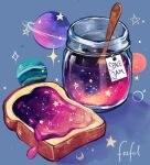  blue_background bread bread_slice commentary constellation crescent_moon english_commentary feefal food food_focus highres jam jar label moon neptune_(planet) no_humans original planet shadow signature star_(sky) star_(symbol) toast wooden_spoon 